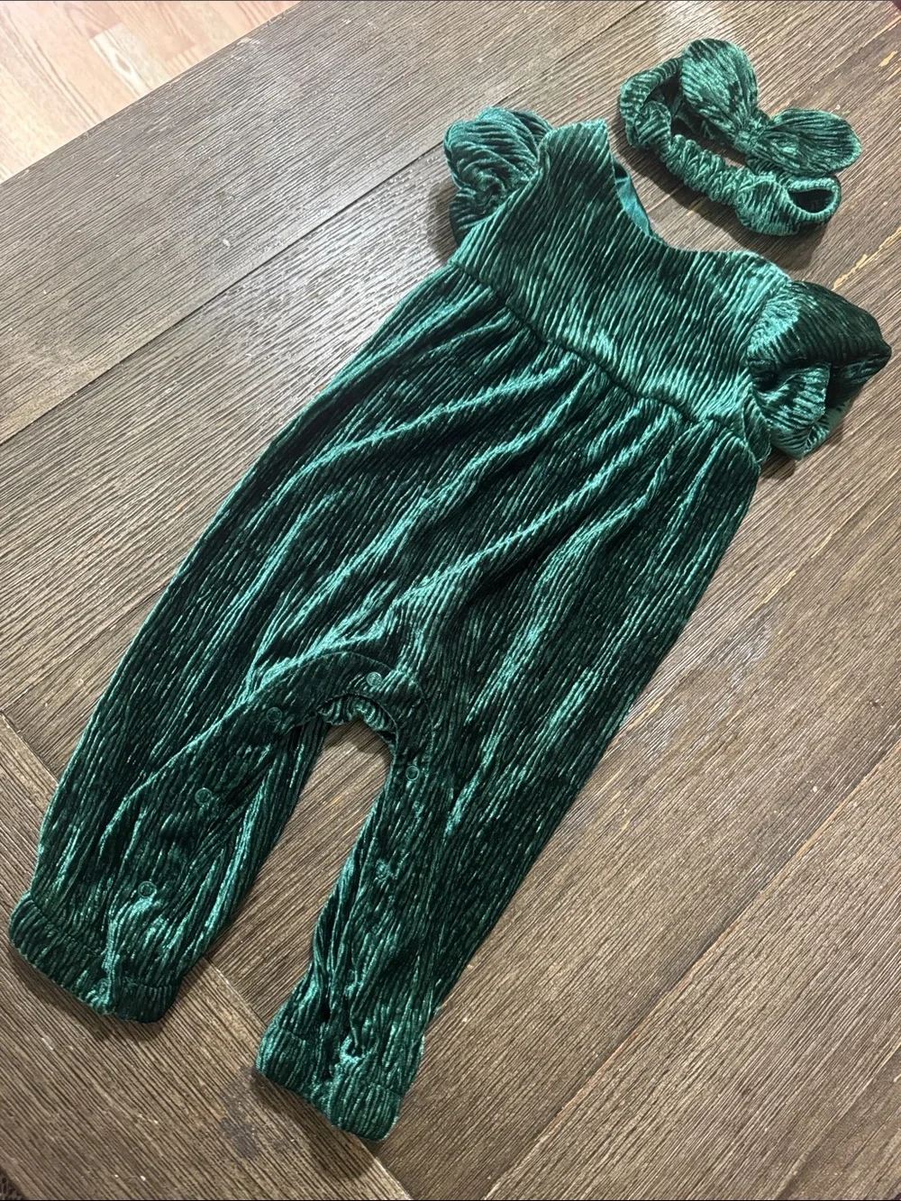 Cat & Jack Emerald Green Velvet Romper w/ Matching Headband | 3-6 Months